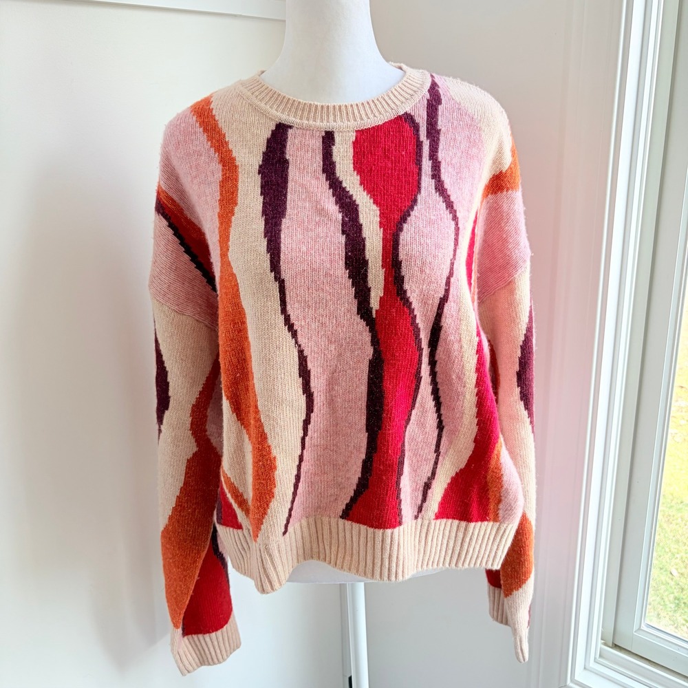 Suncoo Paris Pull Pradja Sweater T3 Large Abstract Wavy Pink Wool Blend Crewneck